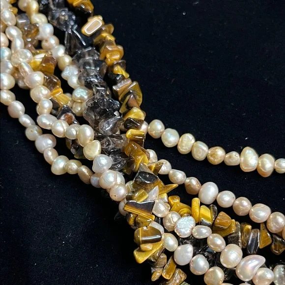 1531 Ross-Simons 7-Strand Necklace w/ Genuine Pearl, Tigers Eye and Smoky Quartz